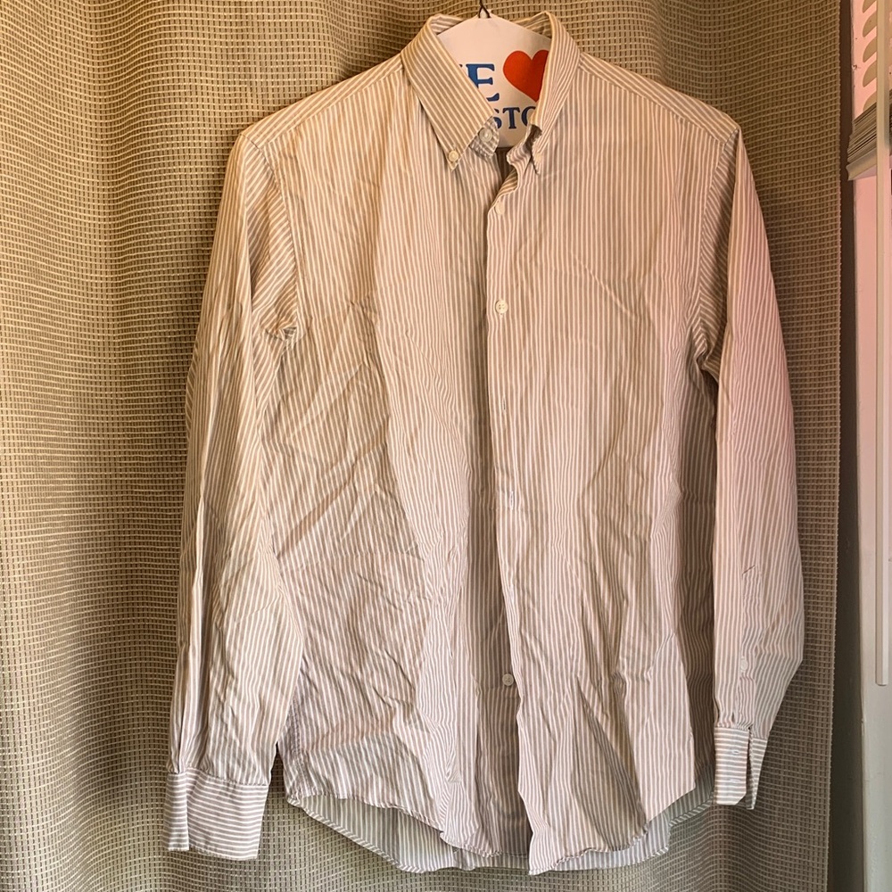 Black Brown 1826 Men's Slim Fit Button-Down Shirt in White & Light Beige Stripe